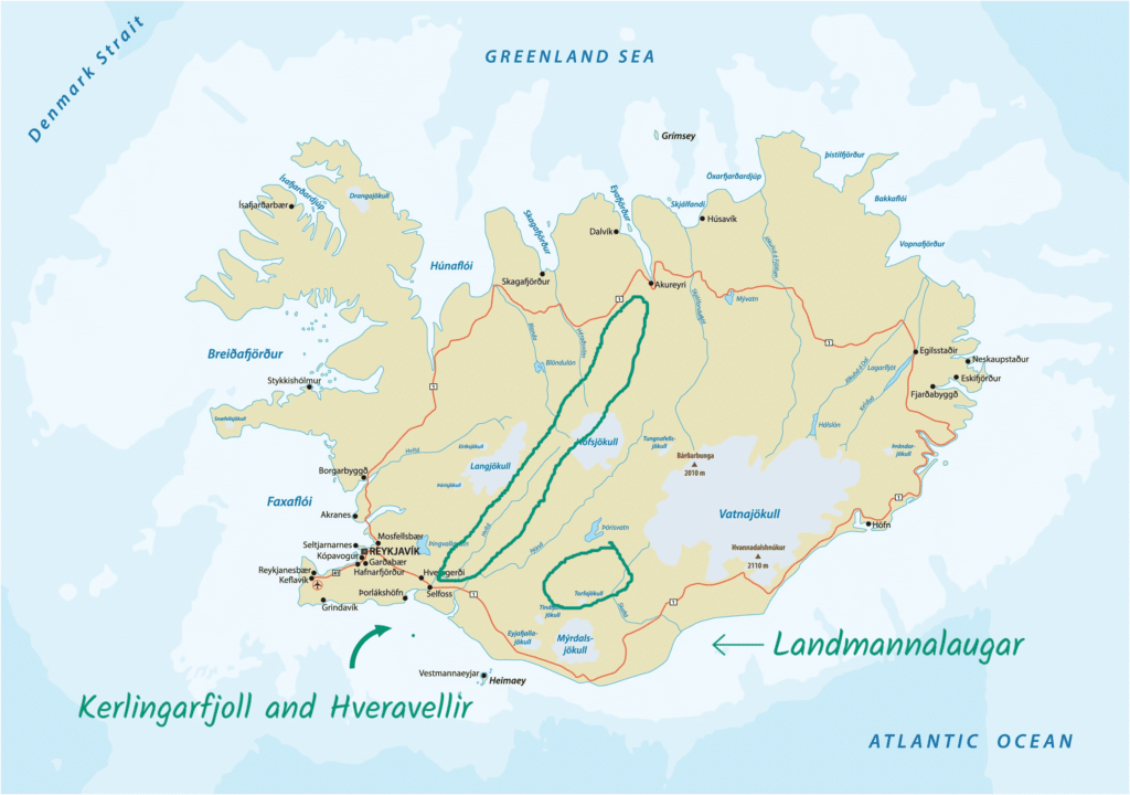 Highlands attractions (Kerlingarfjoll and Landmannalaugar) marked on the map of Iceland.