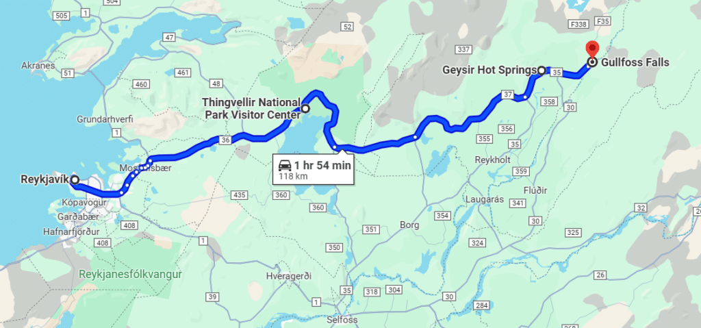 Map of the Golden Circle three main attractions: Thingvellir, Geysir and Gullfoss)