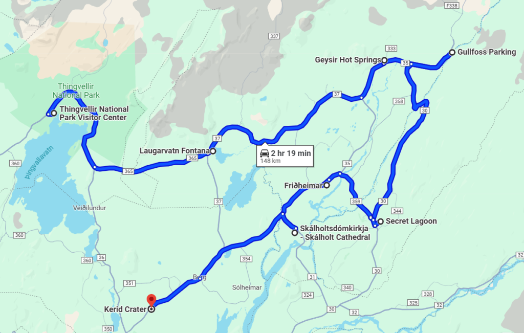 A map of the Golden Circle main stops and extra detour destinations (Thingvellir, Laugarvatn Fontana, Geysir, Gullfoss, Secret Lagoon, Friedhaimar and Kerid) 