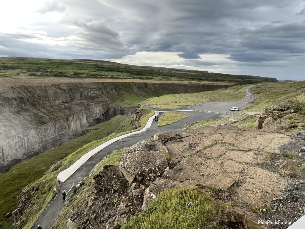 View of the lower parking lot for Gullfoss Waterfall from the Lookout.