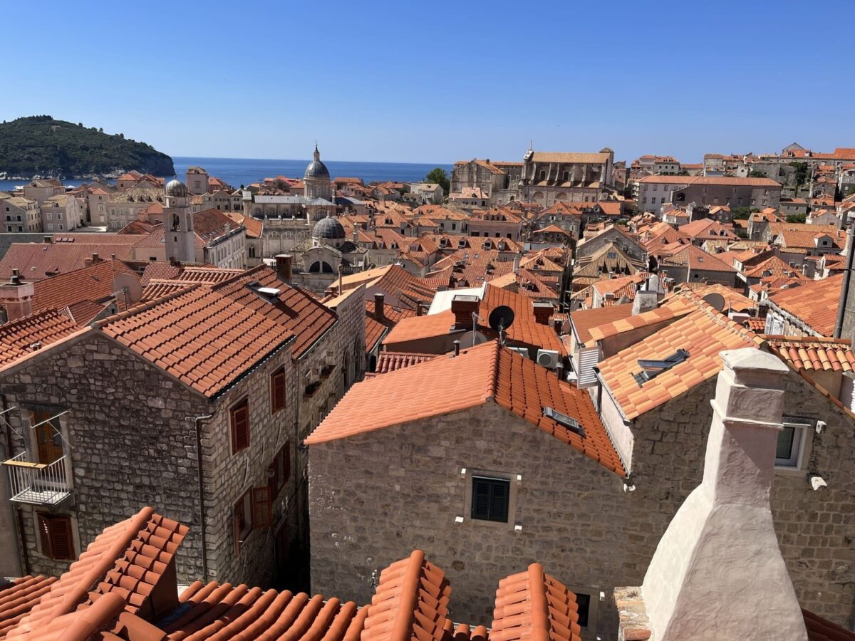Aerial view of rooftops in Dubrovnik, Croatia.
