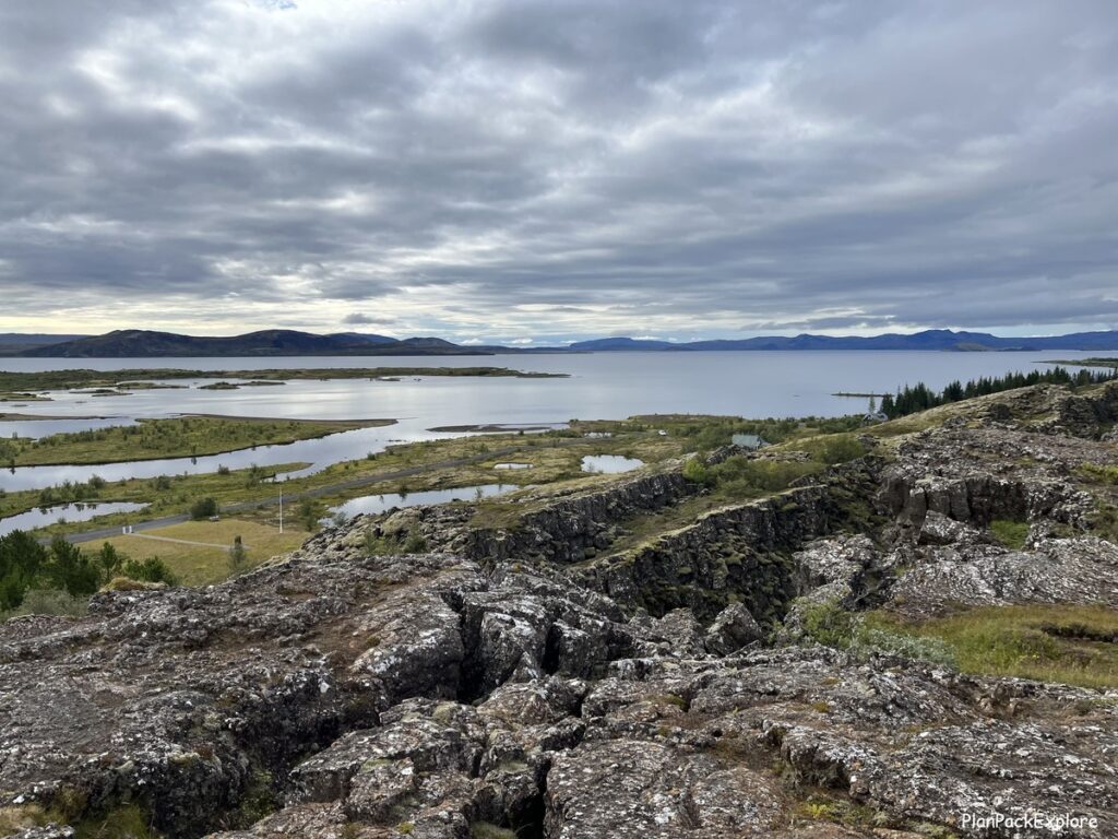 View of Thingvallavatn  lake from the viewing platform at Thingvellir National Park in Iceland.