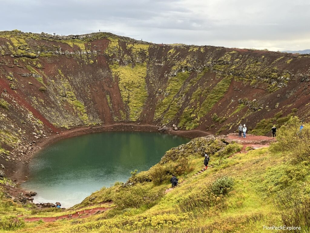 Stairs and path to the lake at Kerid Crater in Iceland.