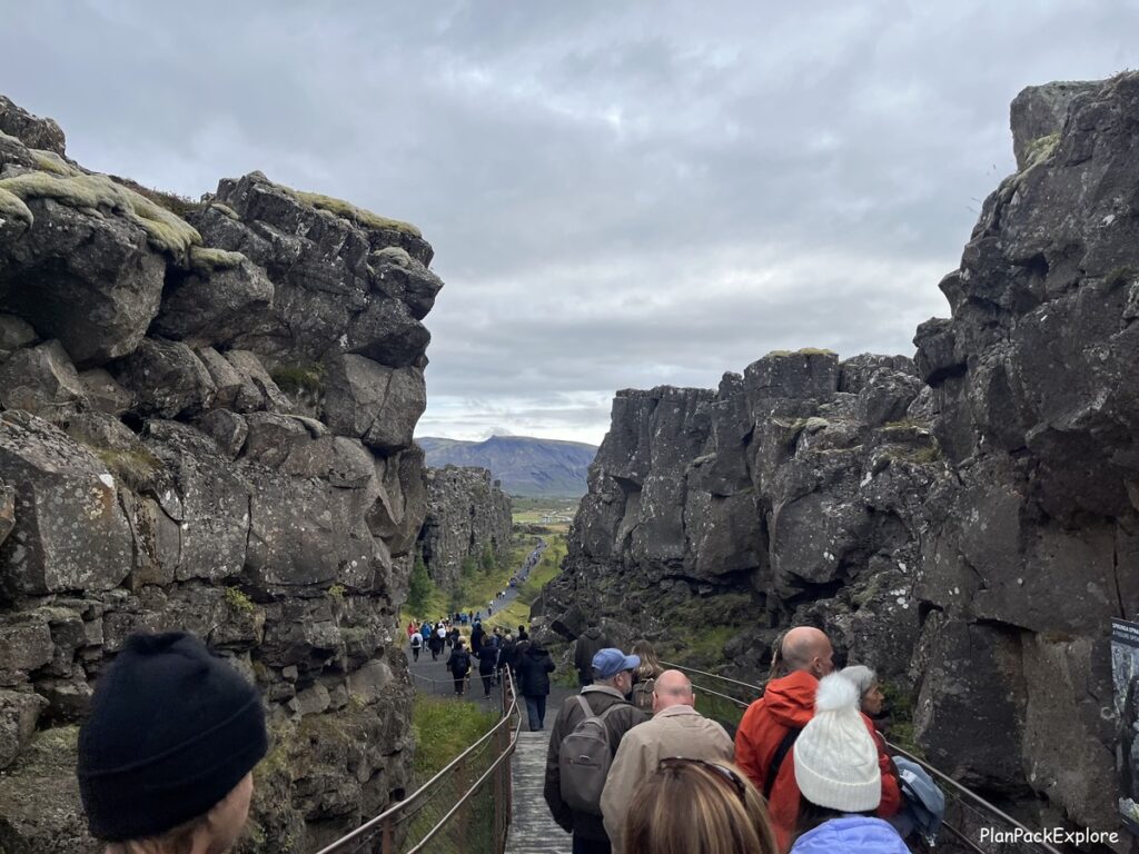 Alamannagja Gorge trail at Thinvellir National Park ö a canyon between tectonic plates in Iceland.