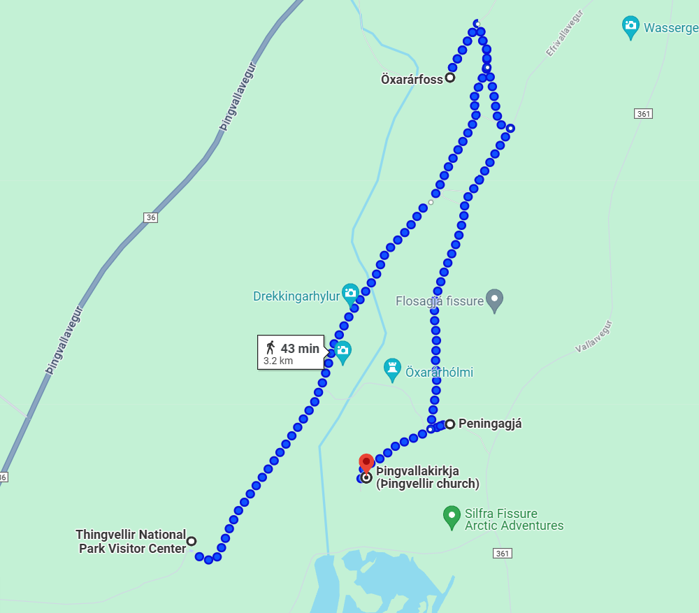 Map of trails to the main Thingvellir National Park attractions 