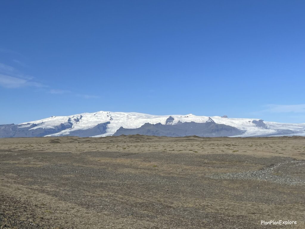 View of the glacier in the distance in South Iceland.