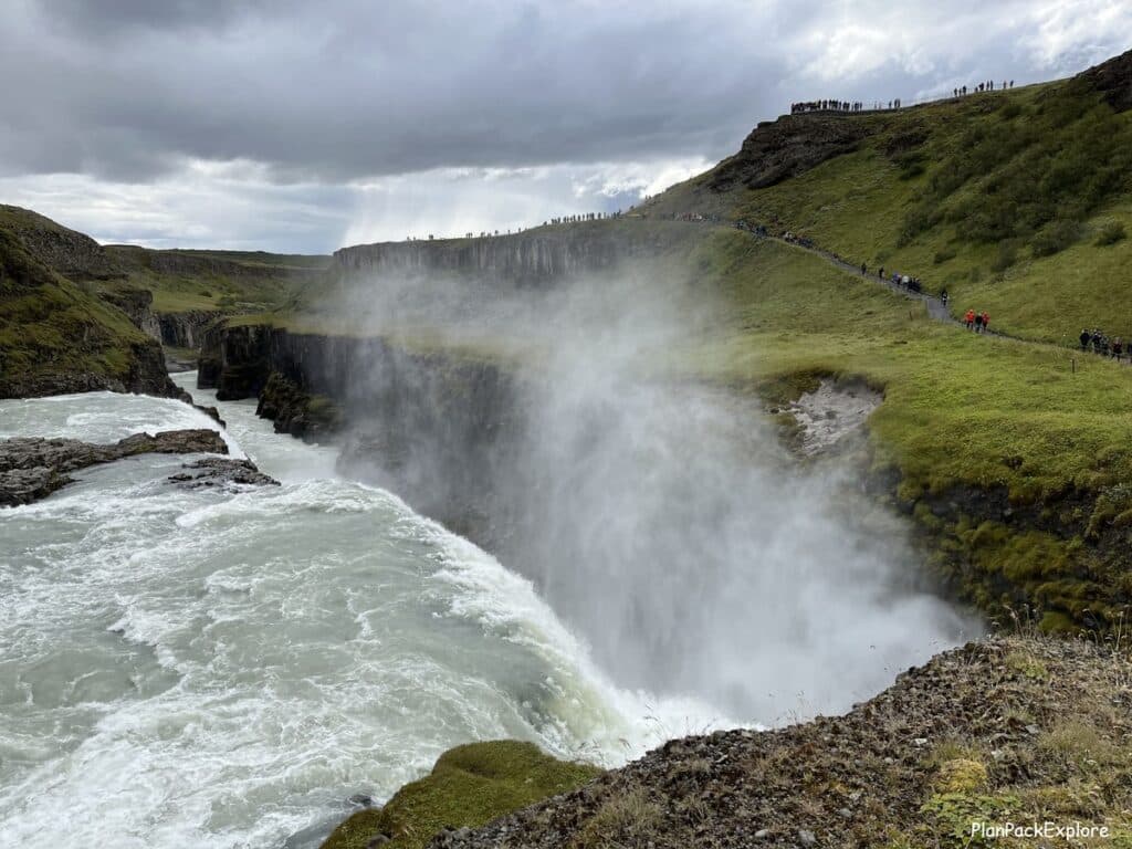 Mist rising above Gullfoss falls in Iceland.