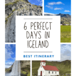 A collage of images from Iceland, like a waterfall, basalt columns and a white church with a red roof.