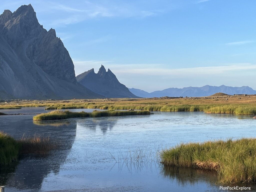 Vestrahorn Mountain and the shore of Stokksness Beach, Iceland.
