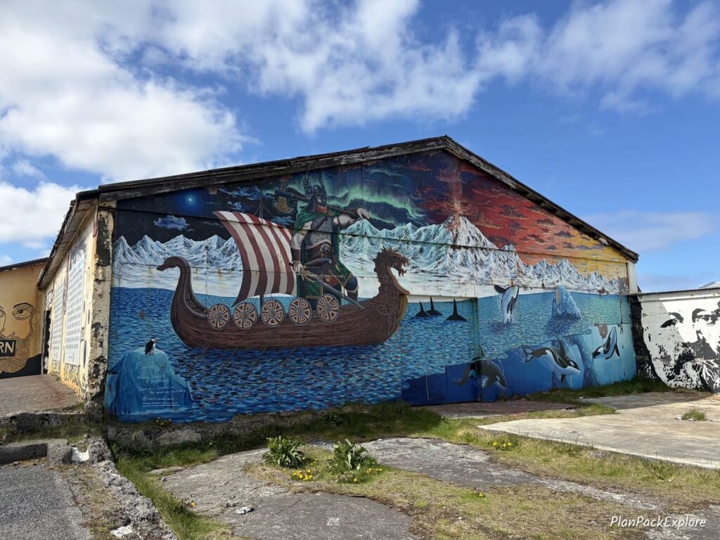 A large mural of a Viking boat on Snaefellsnes Peninsula in Iceland.