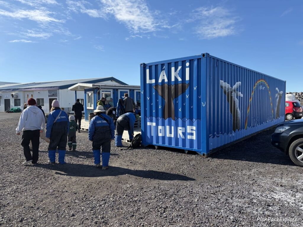 A blue container hut with a picture of a whale's tail on Snaefellsnes Peninsula in Iceland.