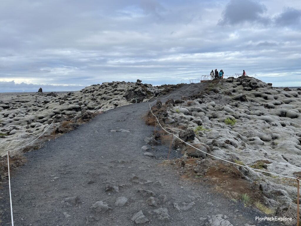 Walking path at Eldhraun Lava Field in South Iceland.