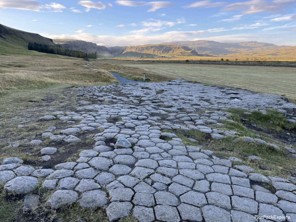 irkjugolf "Church floor" National monument in South Iceland - stone hexagonal tiles resembling a church floor.