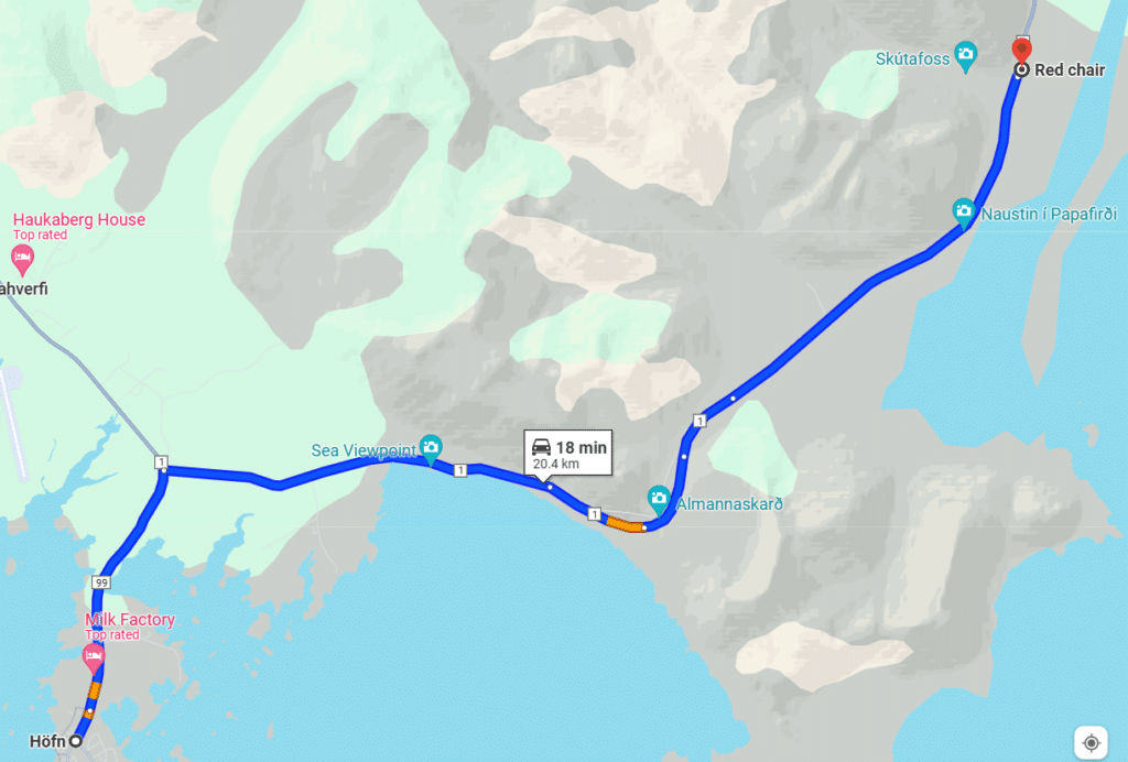 Map of the location for the big red chair in Iceland (South Coast)