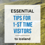 A view of a waterfall with a large text overlay about tips for first-time visitors to Iceland