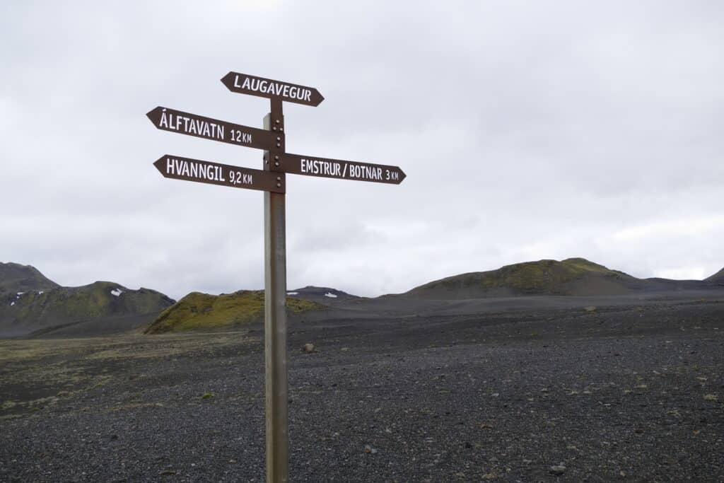 Trail sign for different huts for Laugavegur Trail, Iceland.