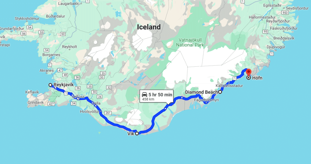 A map od Diamond Beach - a black sand beach in Iceland .