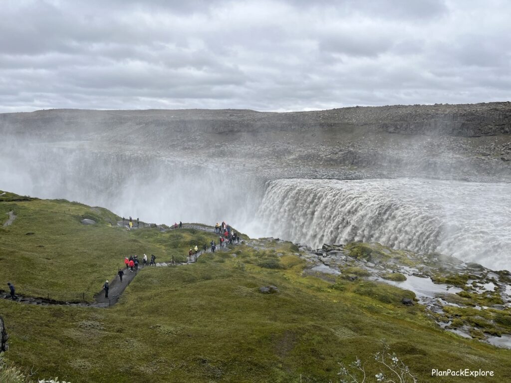 Dettifoss waterfall, Diamond Circle, Iceland - churning water and steam near the path.