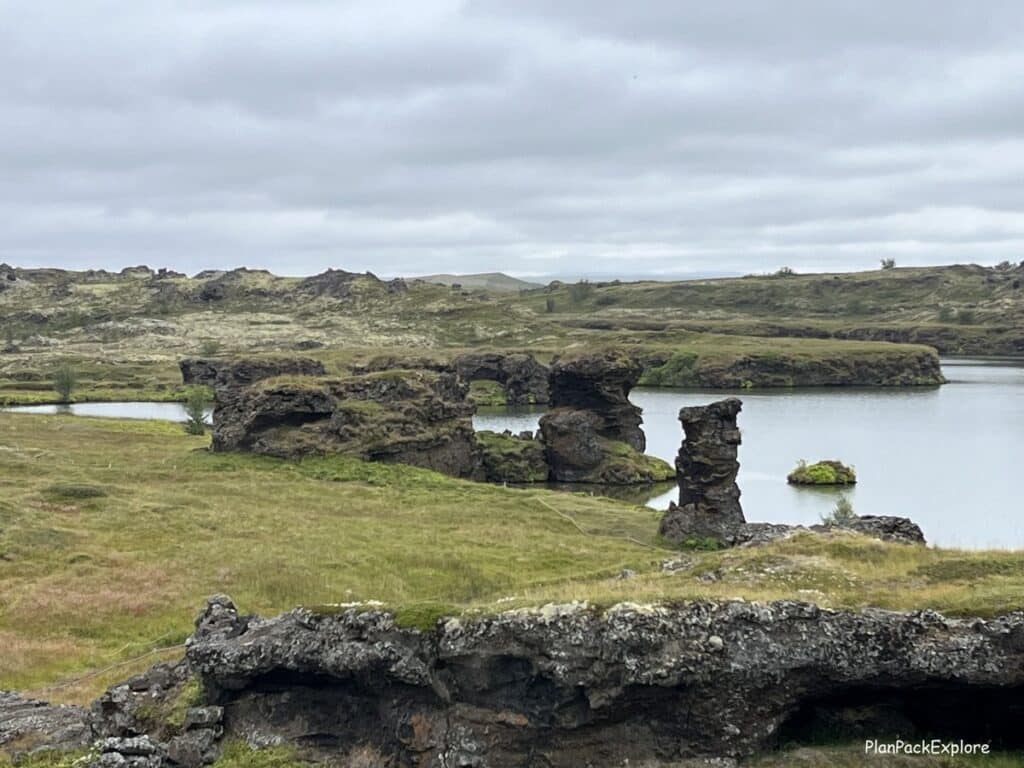 Hofdi park, Lake Myvatn - Iceland. Volcanic rock formations of various shapes with a short path to walk around them.