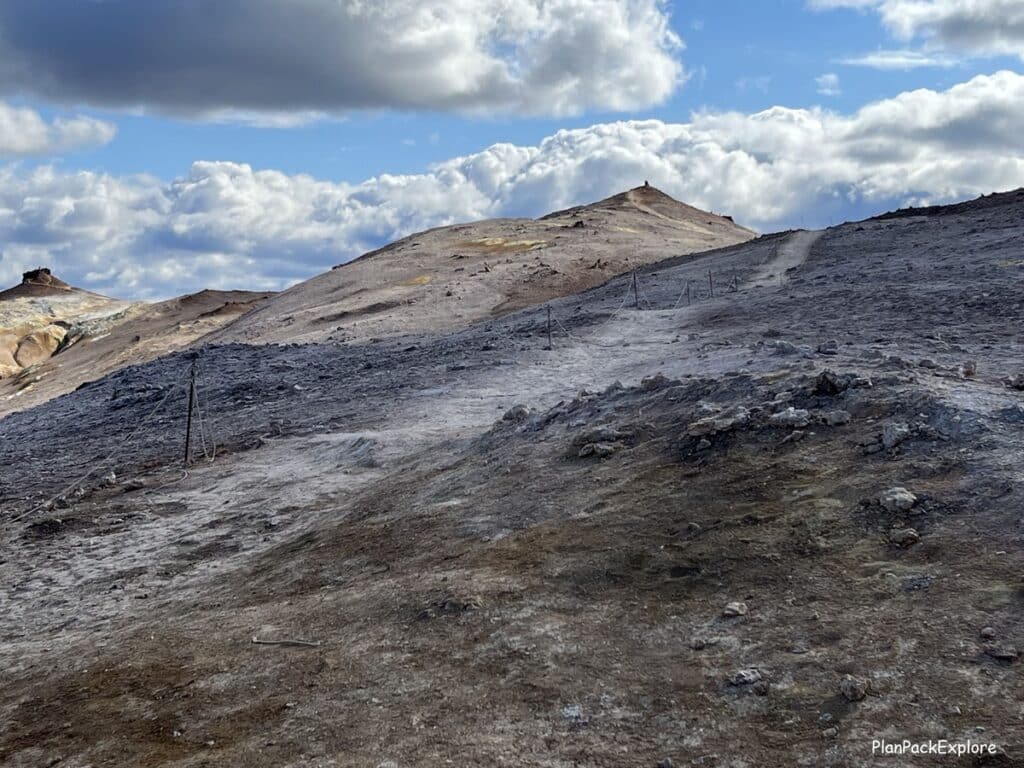 Hverir Geothermal Area and Mt. Namafjall near Lake Myvatn, Iceland. Trail on Mt. Namafjall.