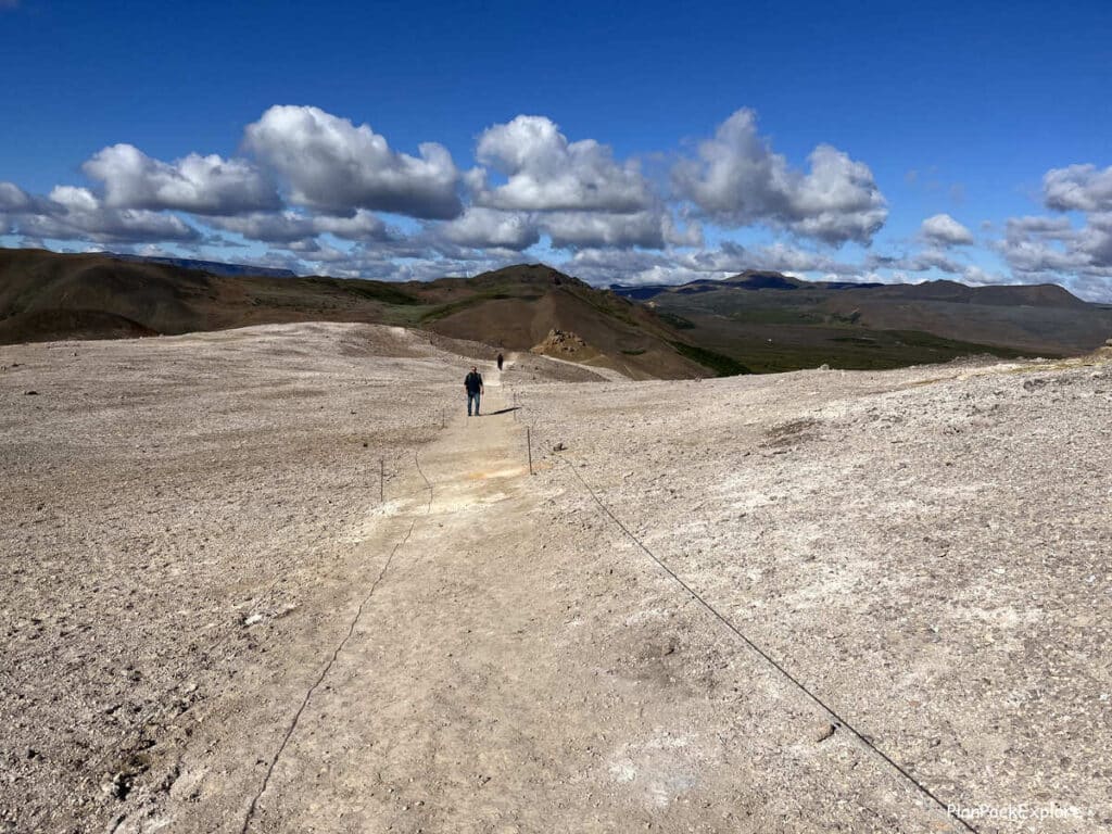 Hverir Geothermal Area and Mt. Namafjall near Lake Myvatn, Iceland. Trail on Mt. Namafjall.