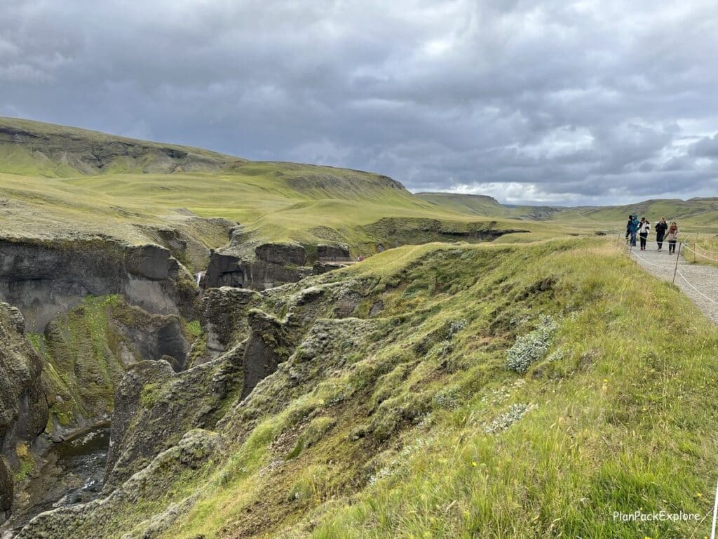 Fjadragljufur Canyon in Southeast Iceland. A path with stairs to the viewing platform.