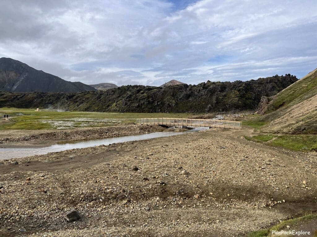 Wooden bridge leading to Landmannalaugar Campsite - Iceland, Highlands