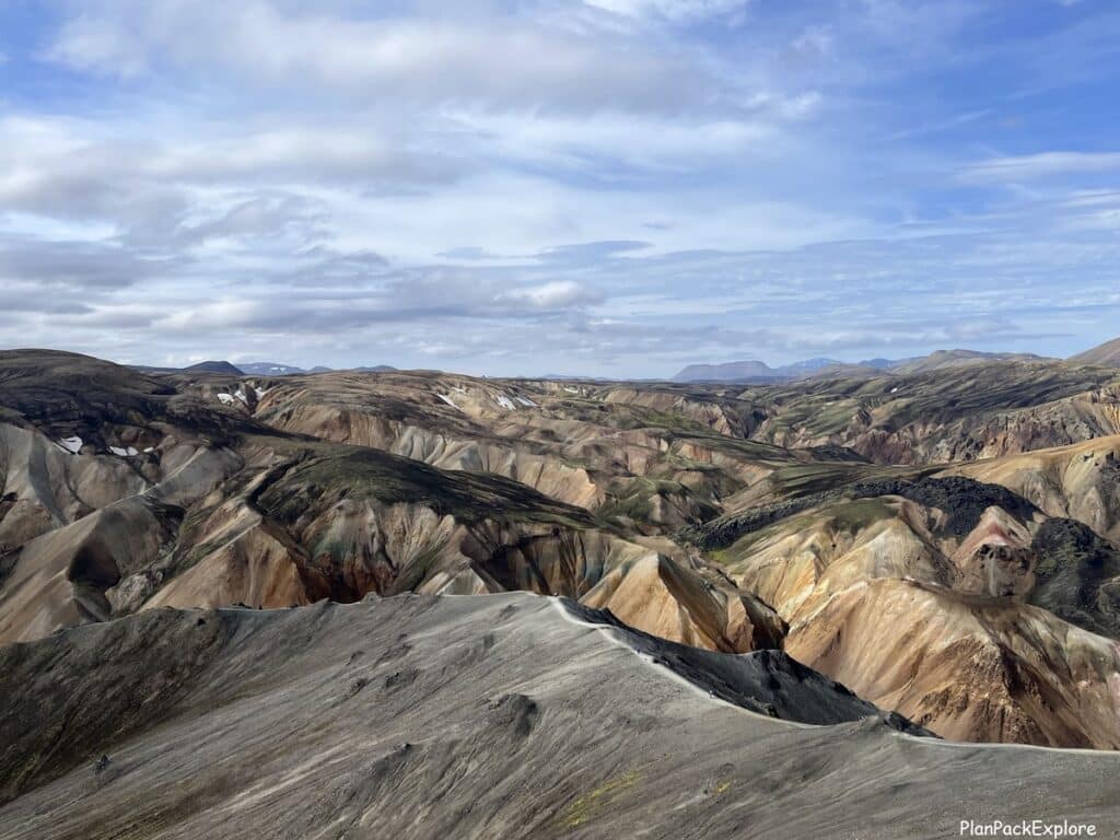 Mt Blahnukur trail Landmannalaugar, Iceland. A sharp black mountain ridge.
