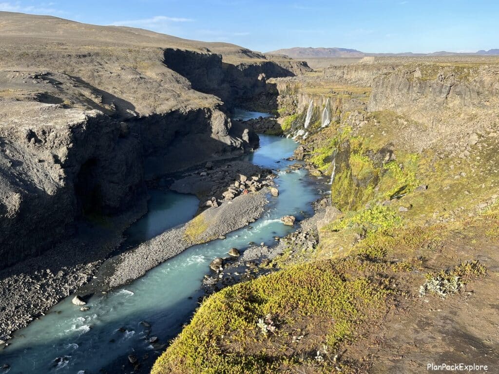 Sigoldugljufur Canyon off F208 on the way to Landmannalaugar. Bright blue river and a few small waterfalls along the canyon wall.