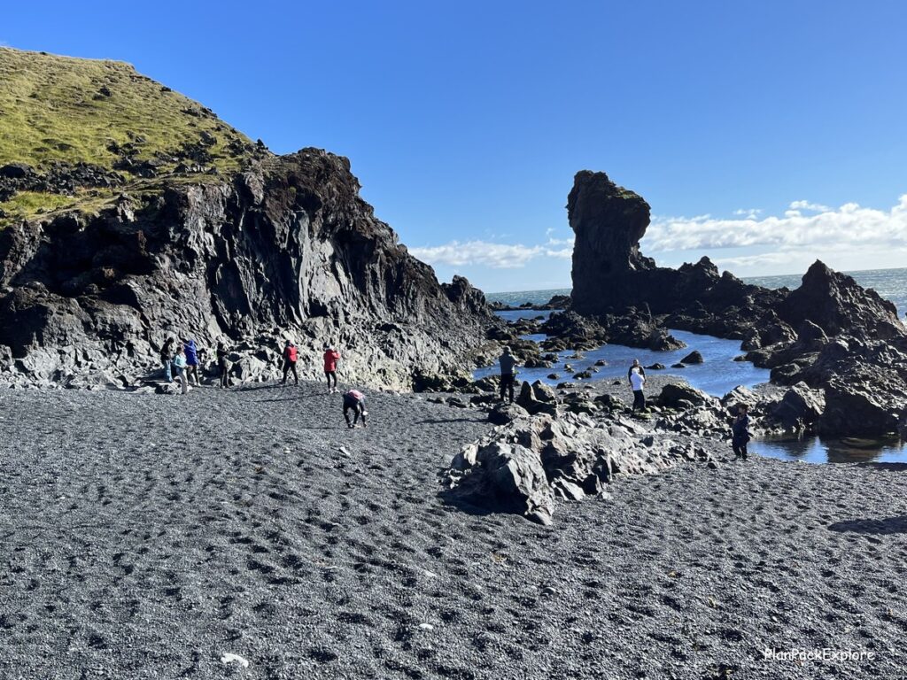 Djupalonssandur black sand beach on Snaefellsnes Peninsula in Iceland.