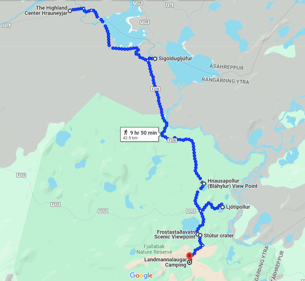 Landmannalaugar detours map, Iceland.