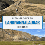 A view of a mountain ridge trail and a mountain side near a grassy field in Landmannalaugar, Iceland.