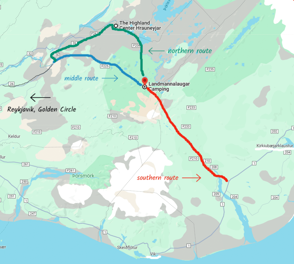 Map of three different routes to Landmannalaugar Iceland - color coded.