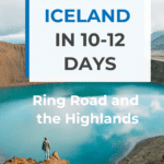 A person standing on the edge of a blue crater lake in Iceland.