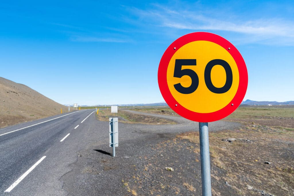 A speed limit road sign in Iceland
