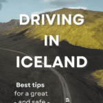 An aerial view of a curved road with a small white car on it and a text overlay about driving in Iceland.