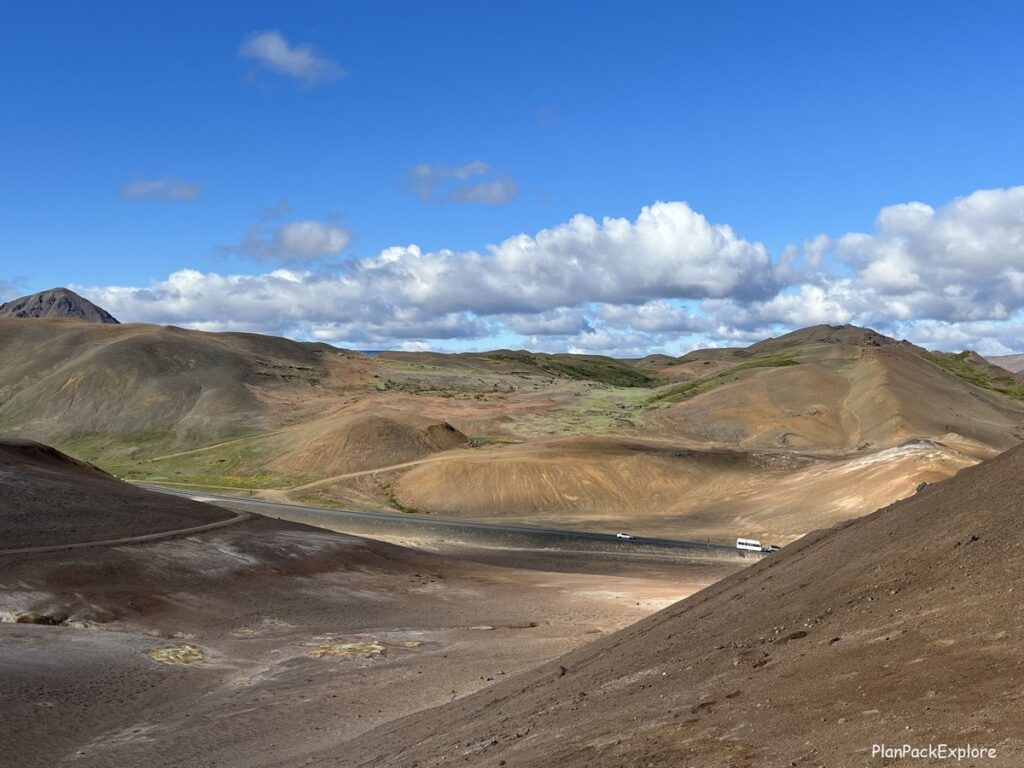 Hverir Namafjal geothermal Area near Lake Myvatn in Iceland - view of rt. 1 from the top of Mt. Namafjall