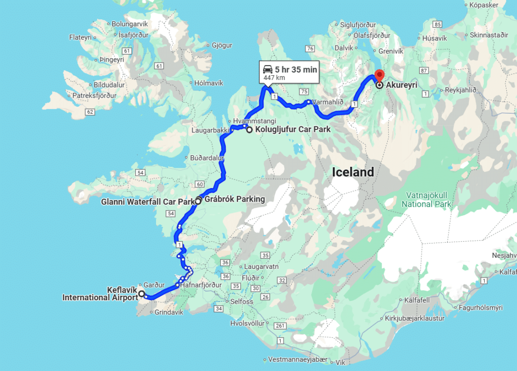 Map of the ring road from Keflavik airport to Akureyri.