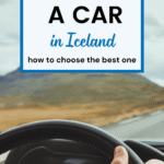 A view from the insode of a car with partb of the steering wheel and the road ahead visible, with a text overlay about renting a car in Iceland.