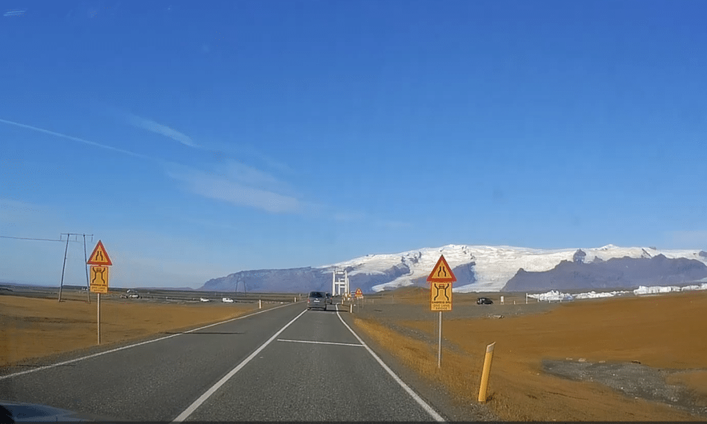 single lane bridge road sign In Iceland.