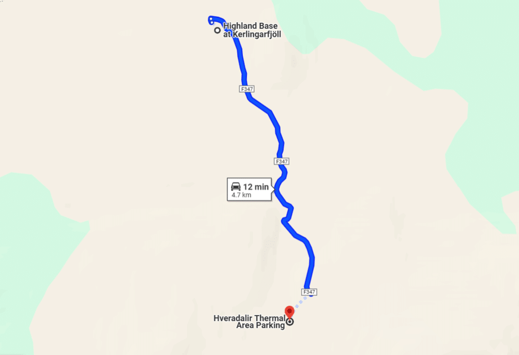 Google map of correct directions to Hveradalir parking area near Kerlingarfjoll, Iceland