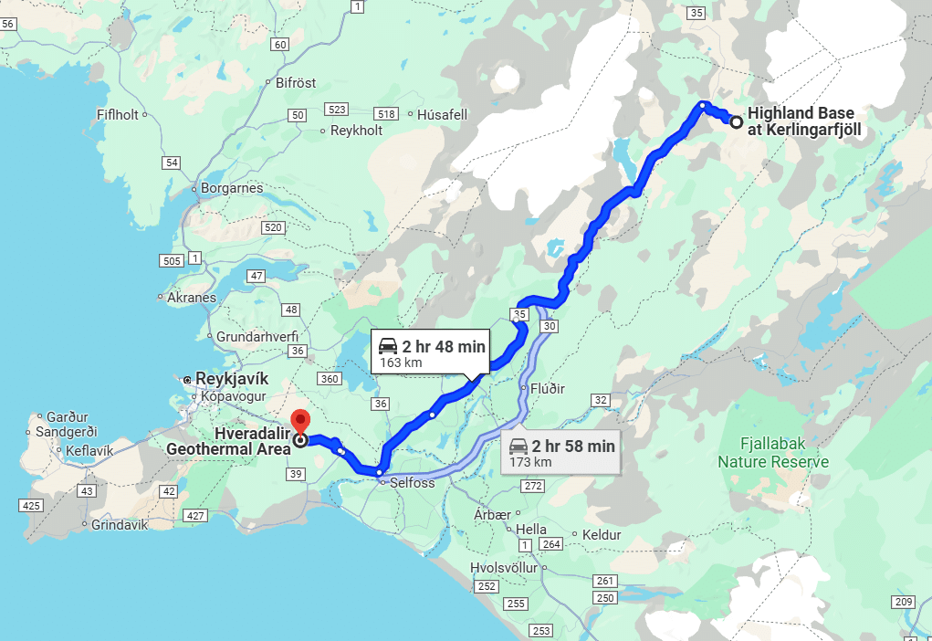 Google map of incorrect directions to Hveradalir parking area near Kerlingarfjoll, Iceland,