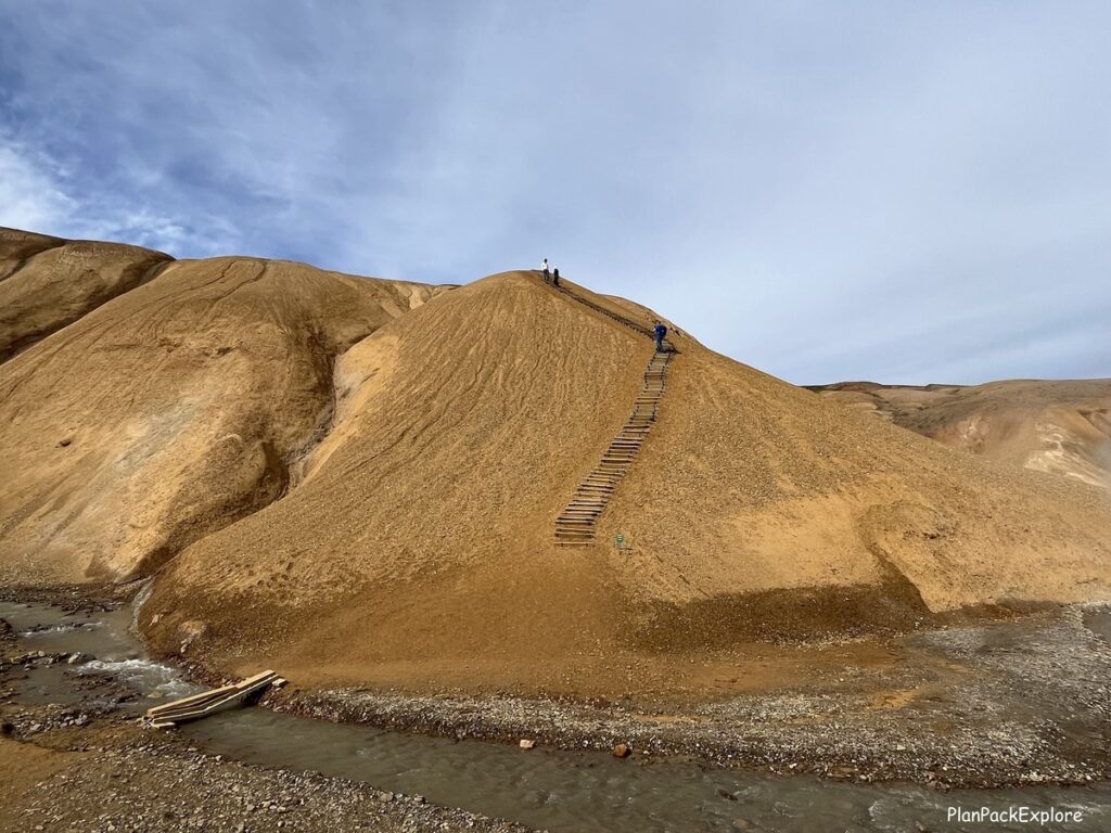 A view of an uphill trail with built-in steps in Hveradalir Geothermal valley, near Kerlingarfjoll, Iceland.