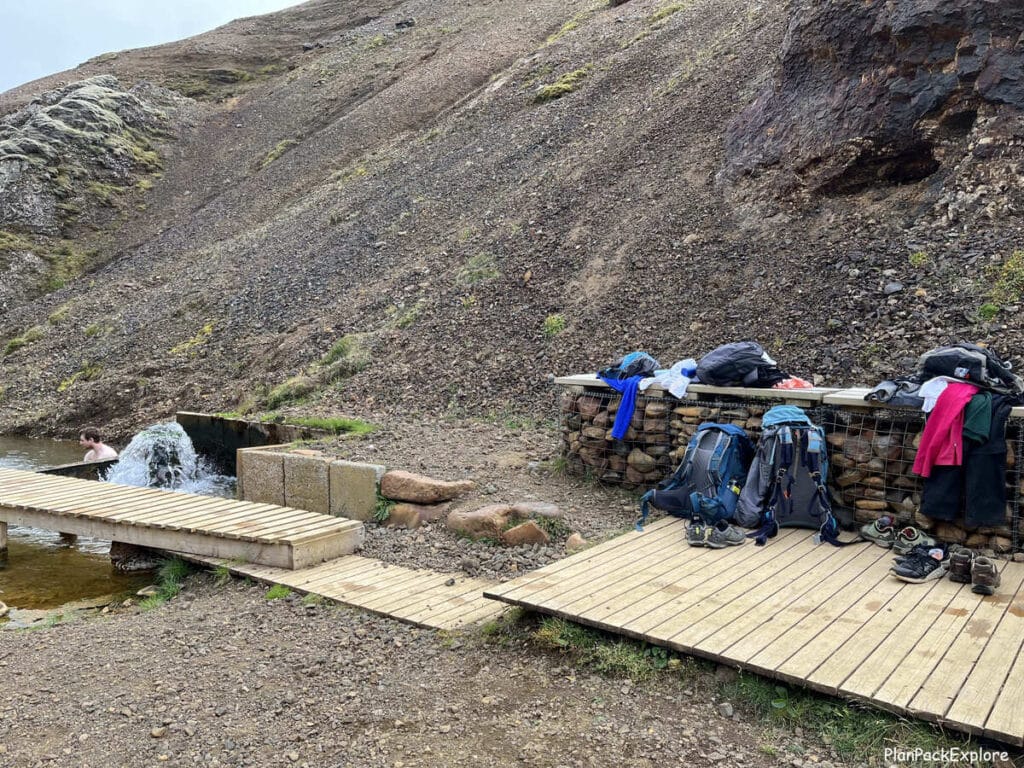 A small wooden shelf with clothing on top, near the Kerlingarfjoll Hot Spring in Iceland.