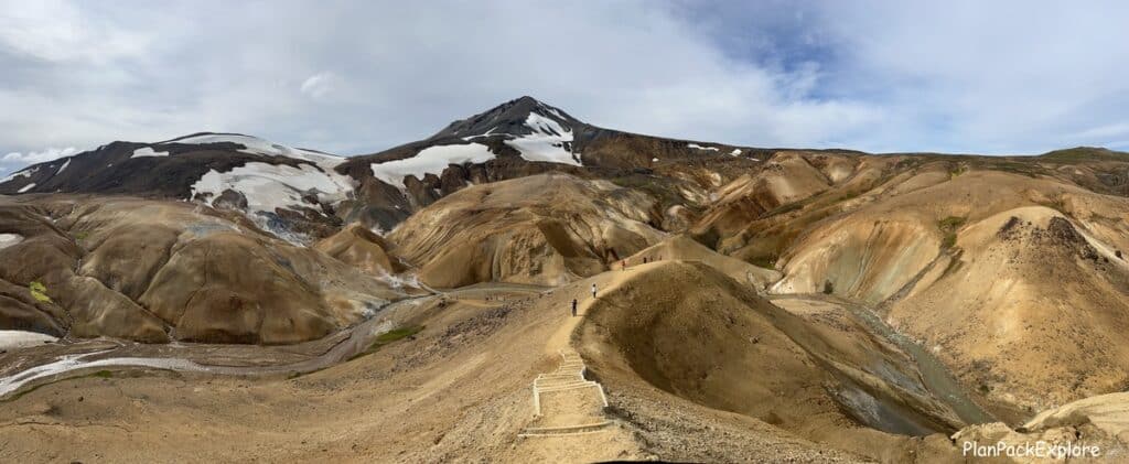 A view of paths and trails with built in steps of Hveradalir Geothermal valley, near Kerlingarfjoll, Iceland.