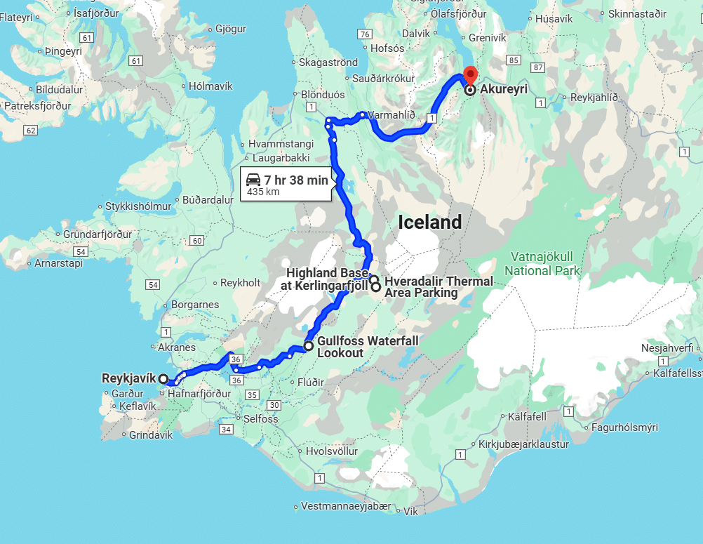 Google Map screenshot with directions to Kerlingarfjoll and Hveradalir from Reykjavik, Gullfoss, and Akureyri.