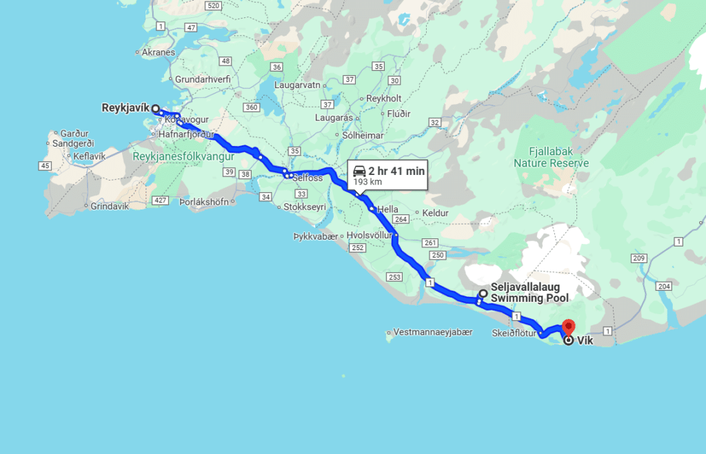 A screenshot of Google map directions to Seljavallalaug swimming Pool in Iceland.