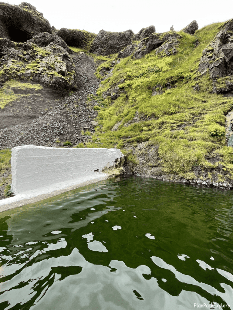 A corner of Seljavallalaug swimming pool showing emerald green water. Iceland