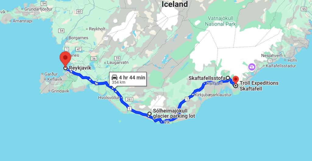 A screenshot of Google Map directions from Reykjavik to Solheimajokull and Vatnajokull Glaciers.