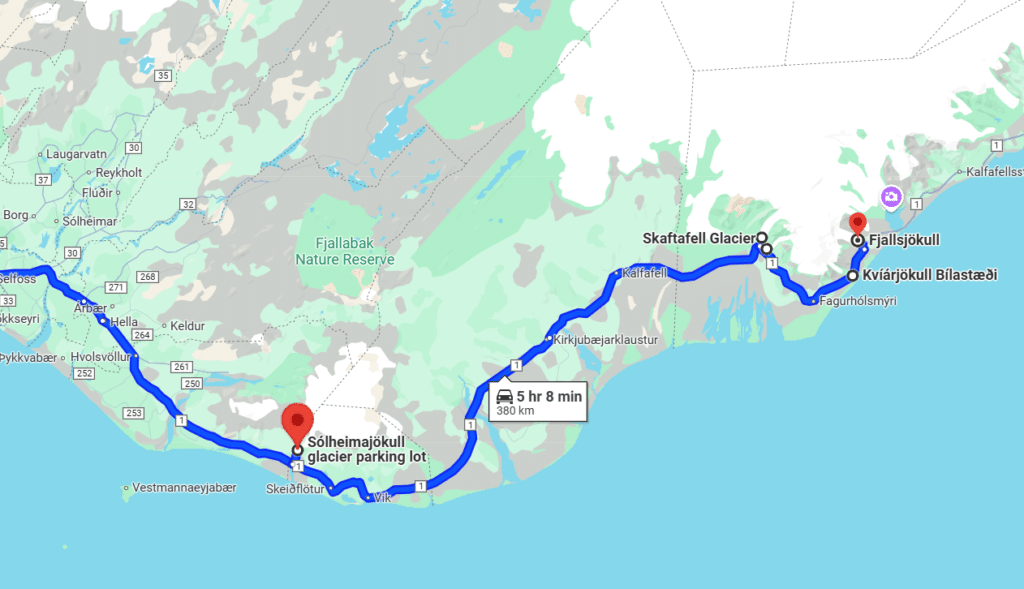 Google Maps screenshot of driving directions to the glaciers on the south coast of Iceland.